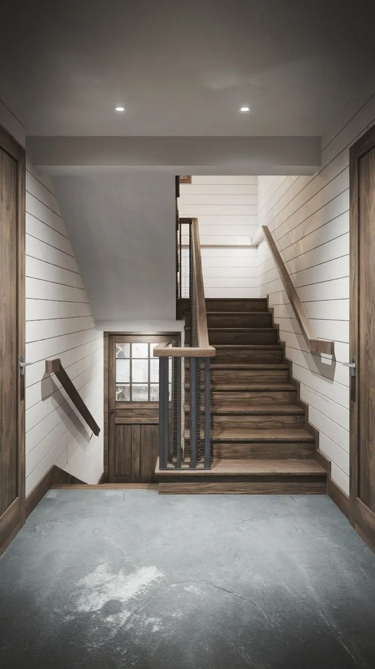 Sleek Modern Basement Entryway with Wooden Staircase