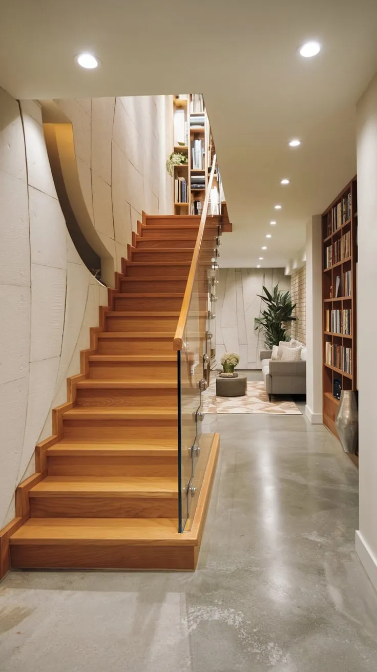Elegant Modern Basement Entryway with Glass Railing