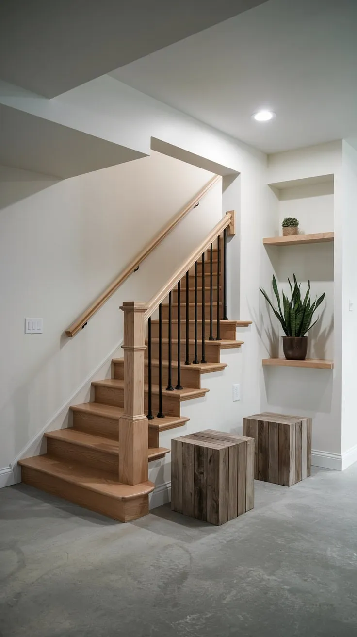 Stylish Modern Basement Entryway with Wooden Accents