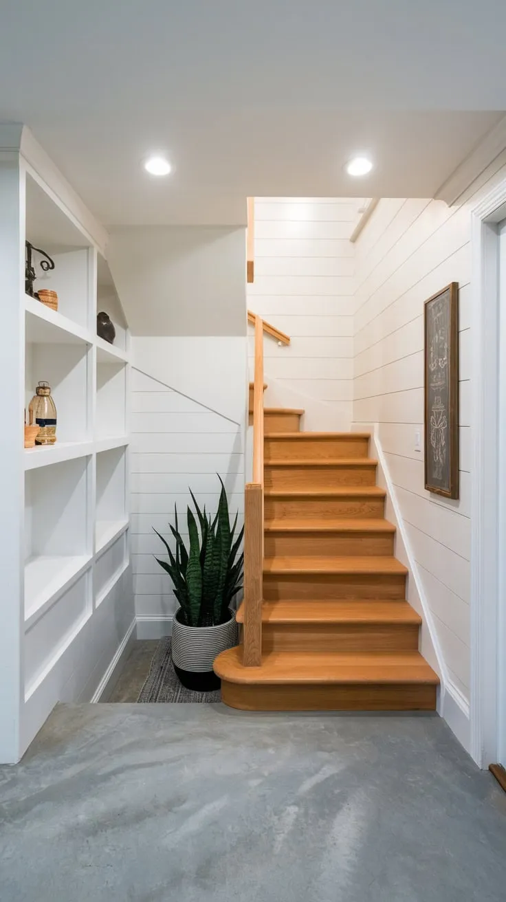 Bright Modern Basement Entryway with Wooden Staircase