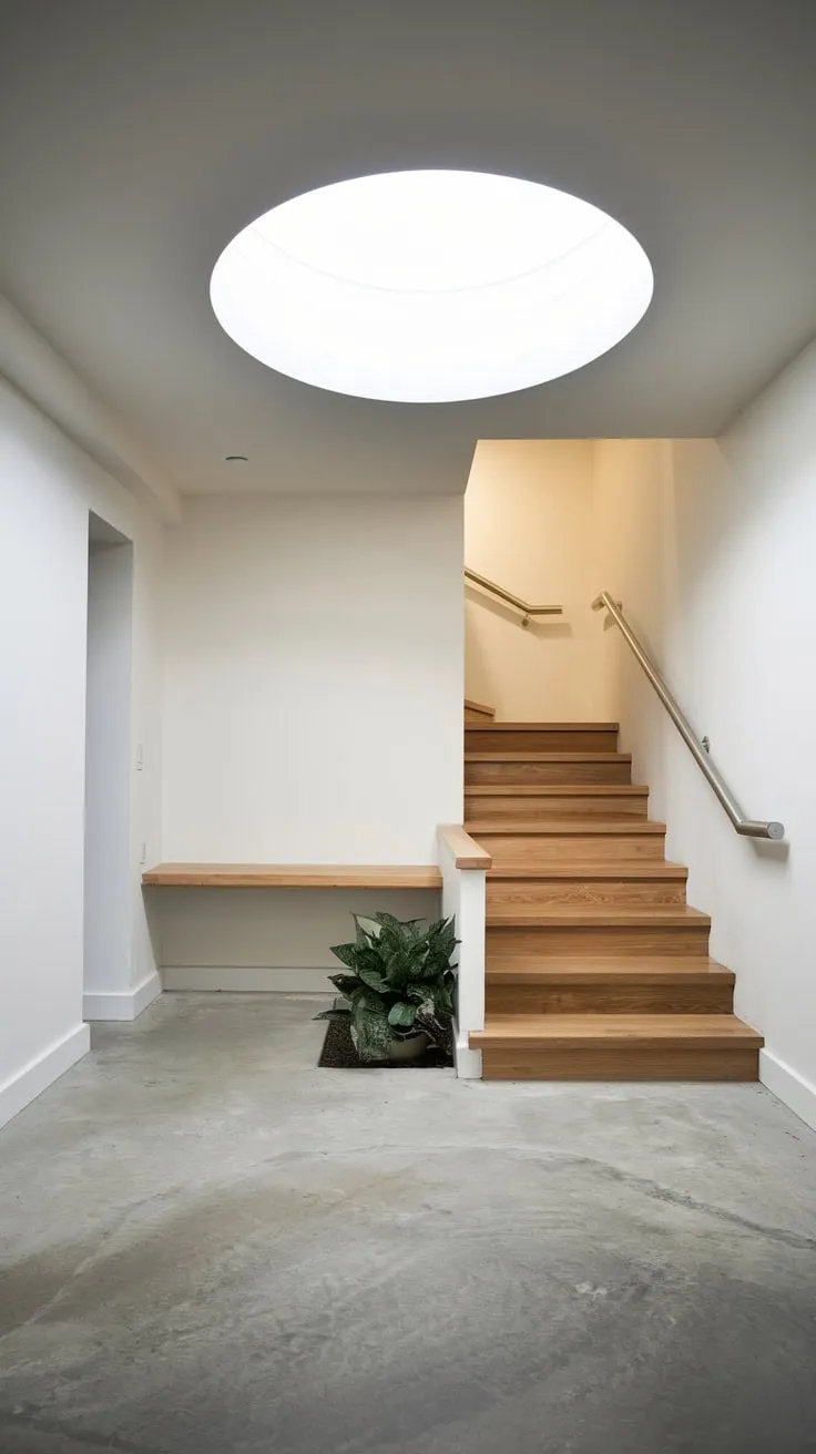 Stylish Modern Basement Entryway with Skylight and Stairs