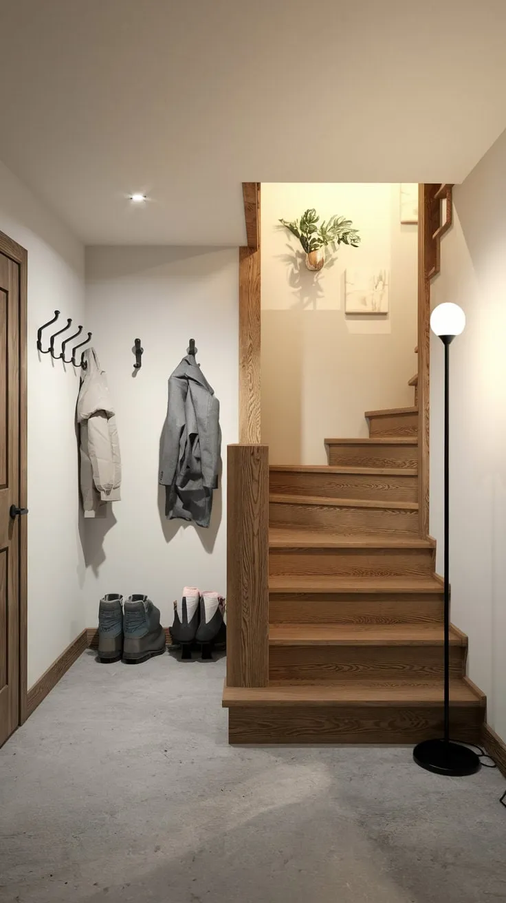 Stylish Modern Basement Entryway with Wooden Staircase