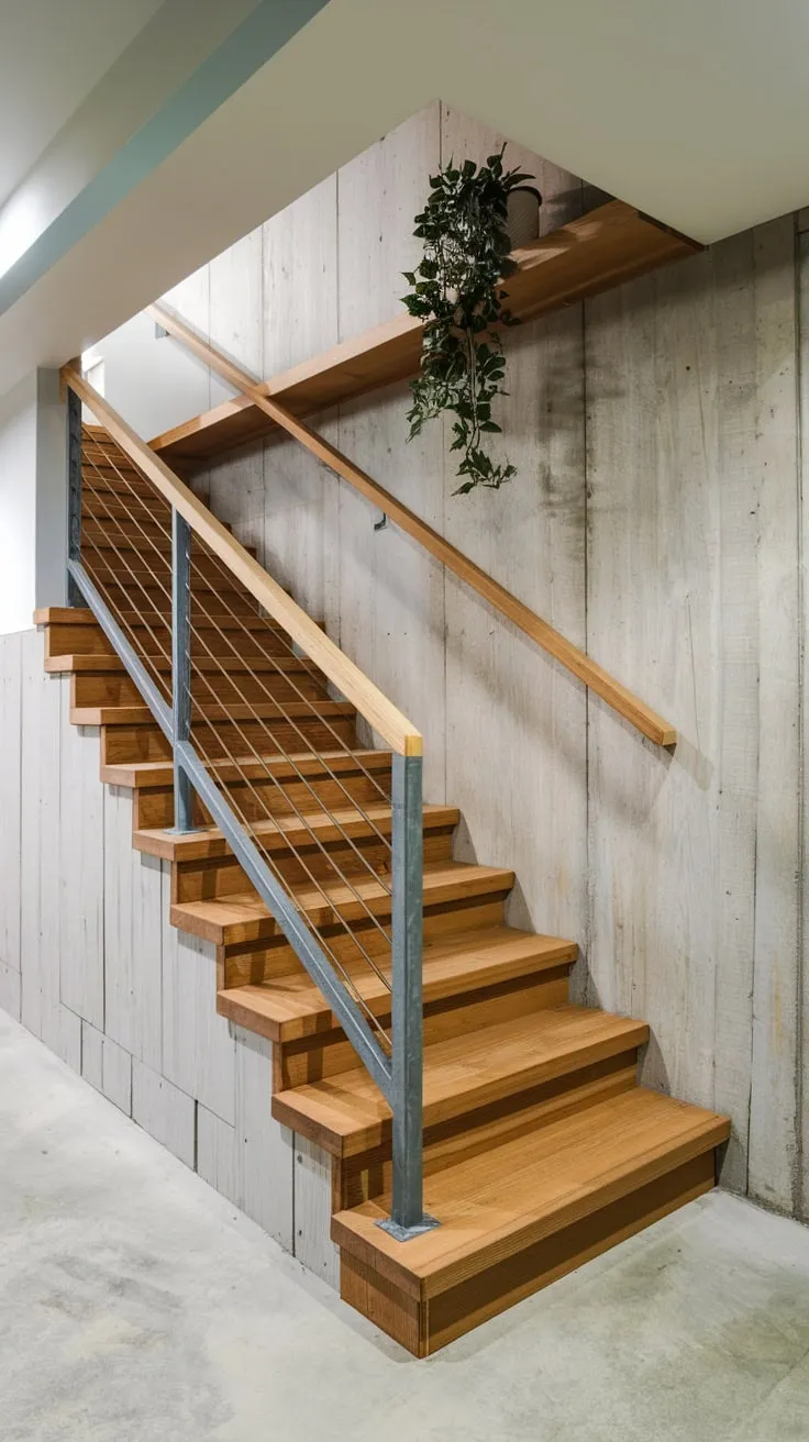 Stylish Modern Basement Entryway with Wooden Staircase