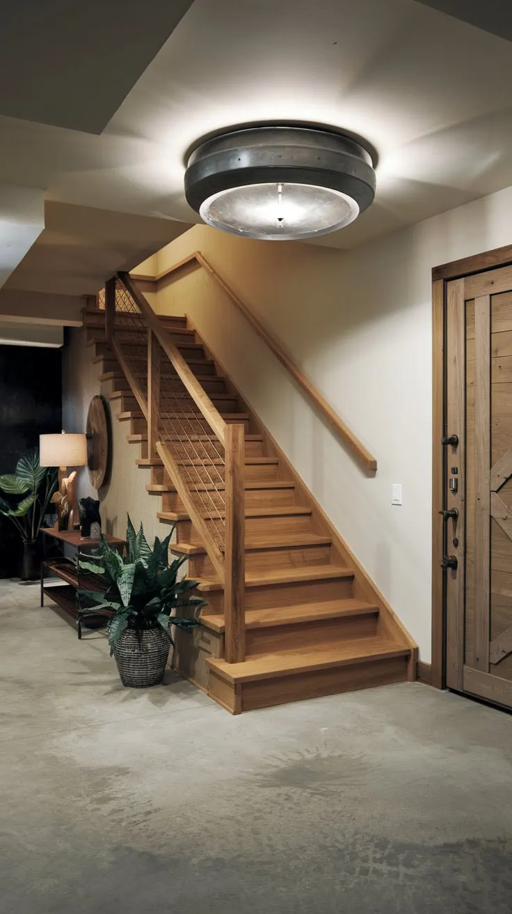 Stylish Modern Basement Entryway with Wooden Staircase