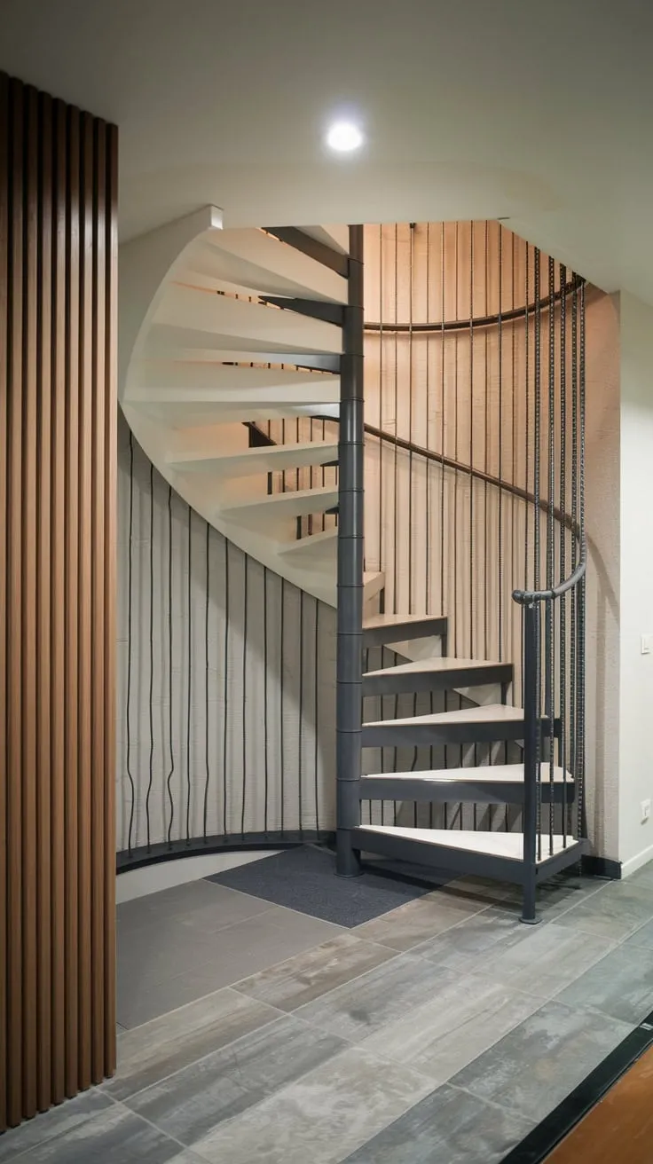 Stylish Modern Basement Entryway with Spiral Staircase