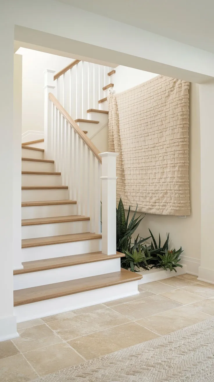 Modern Minimalist Basement Entryway with Textured Accents