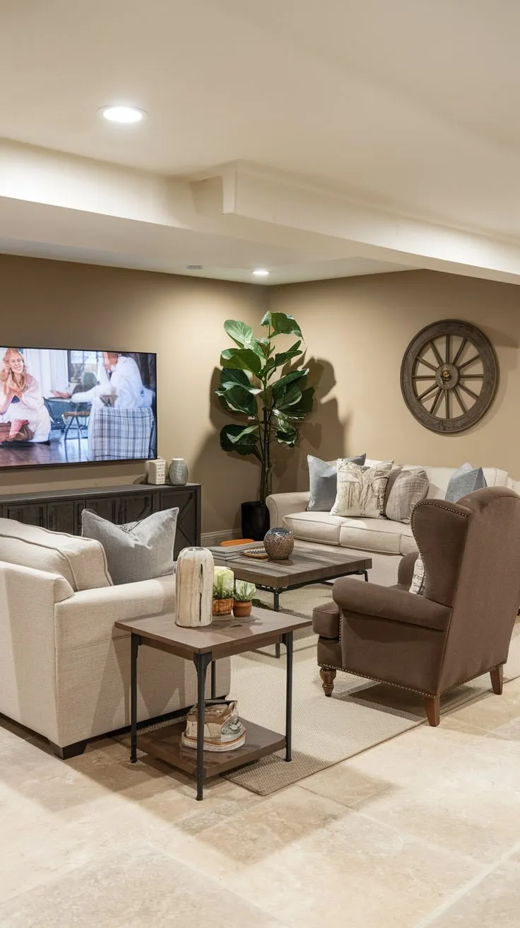 Cozy Basement Family Room with Large TV Setup