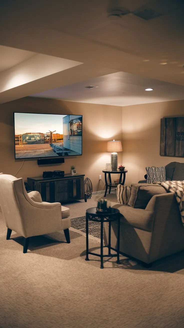 Cozy Basement Family Room with Large TV Setup