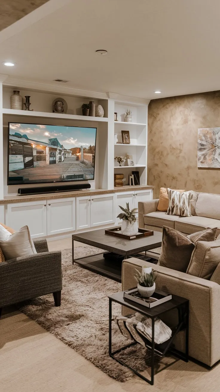 Cozy Basement Family Room with Big TV Setup