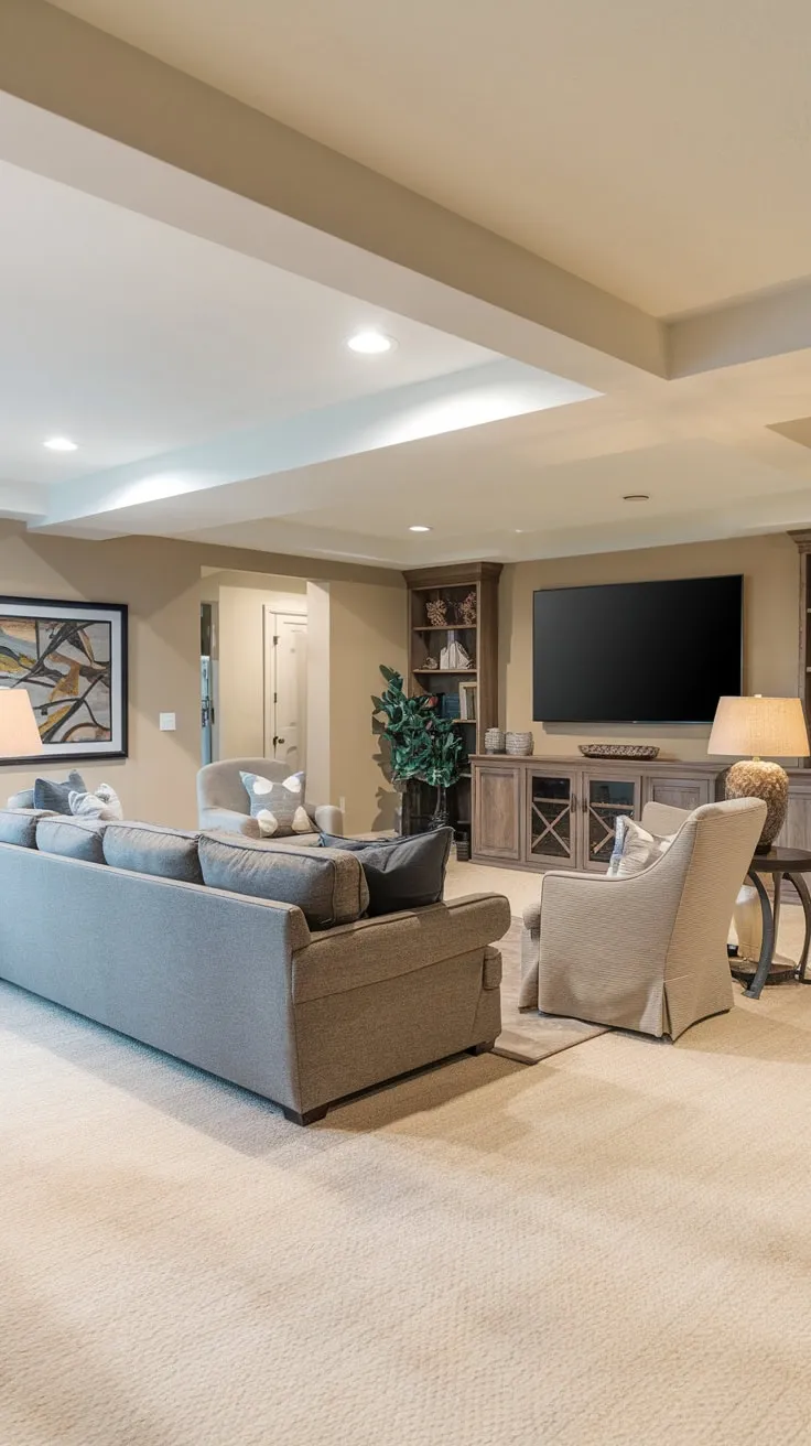 Cozy Basement Family Room with Grey Sofa Charm