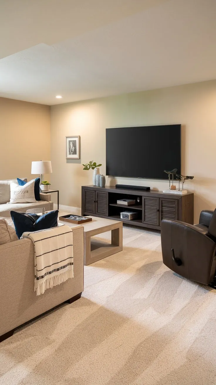 Cozy Basement Family Room with Stylish Entertainment Setup