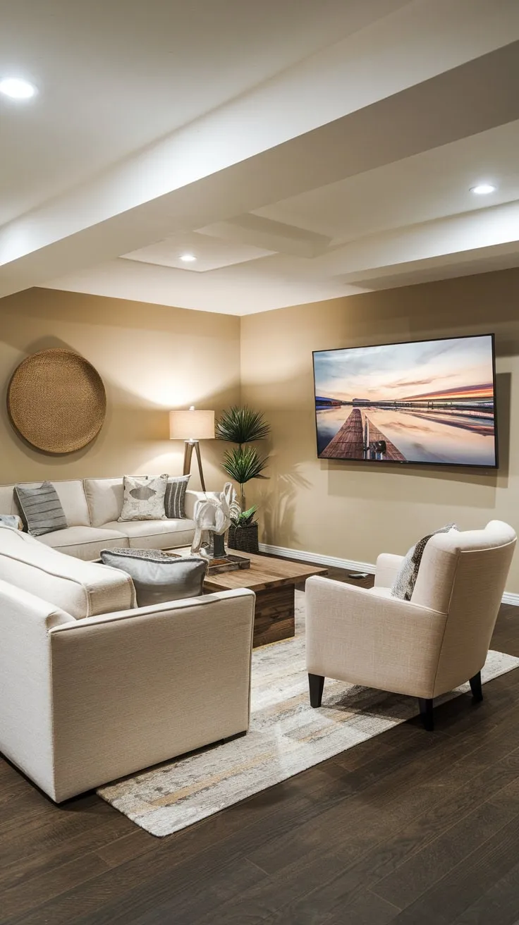 Cozy Basement Family Room with Big TV Setup