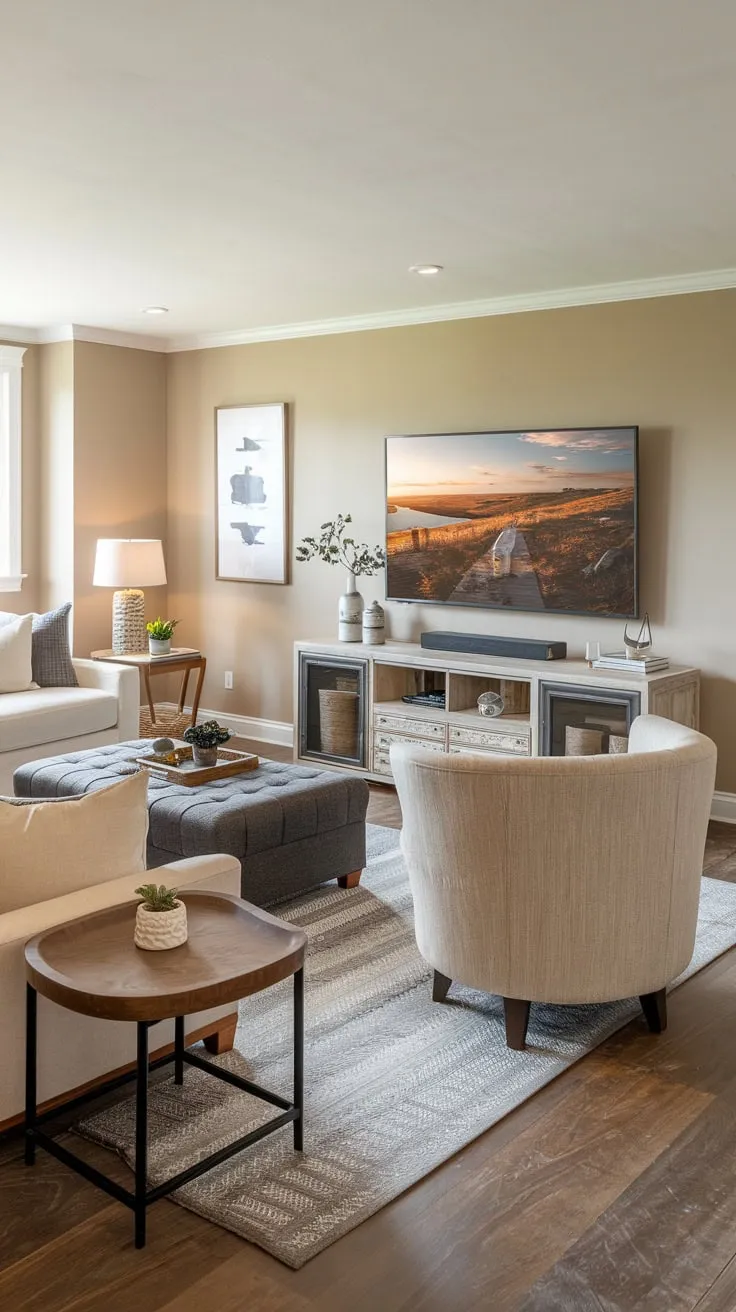 Cozy Basement Family Room with Stylish Entertainment Setup