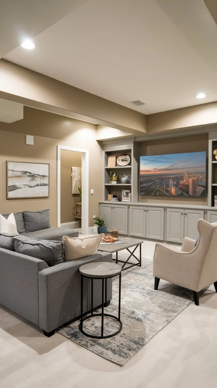 Cozy basement family room with big TV setup