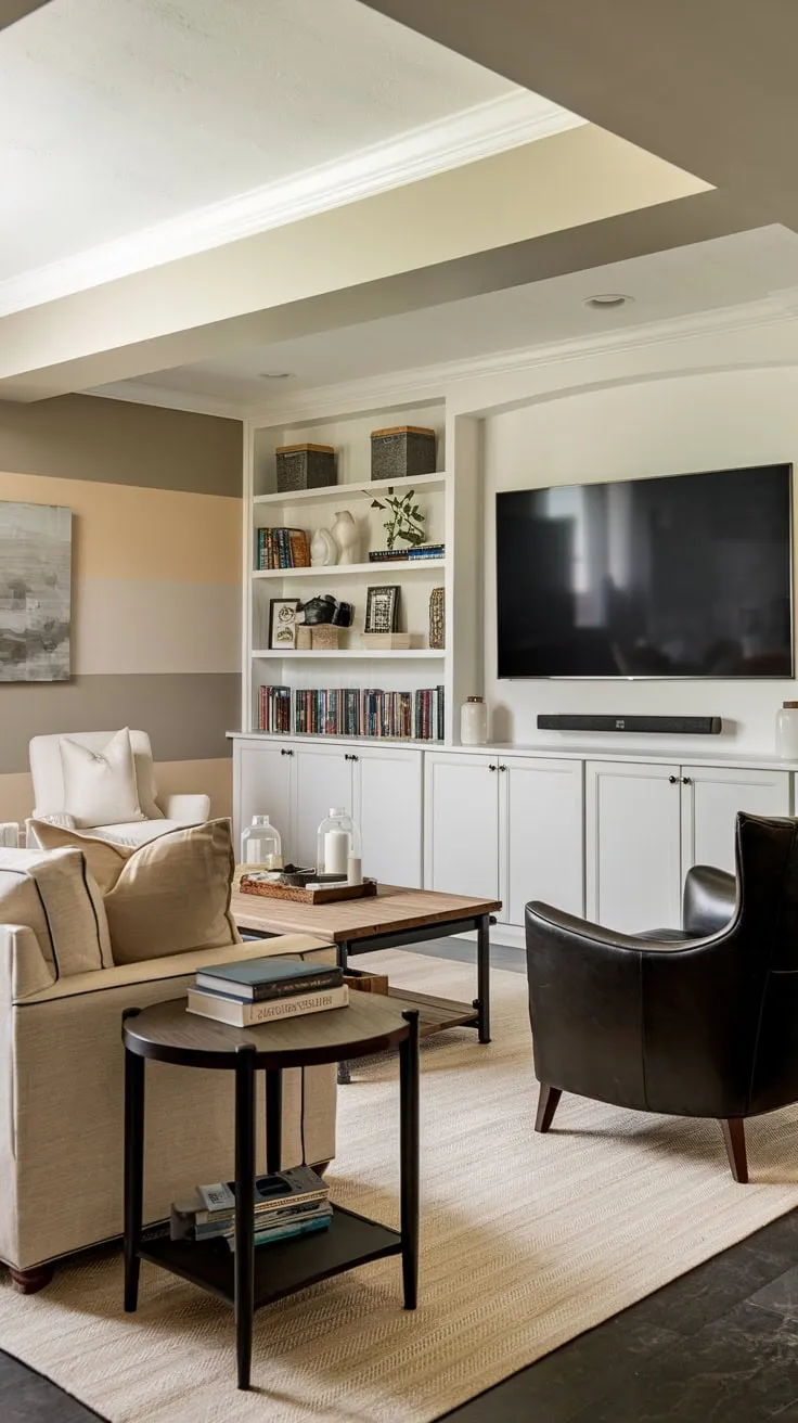 Cozy Basement Family Room with Stylish Entertainment Setup