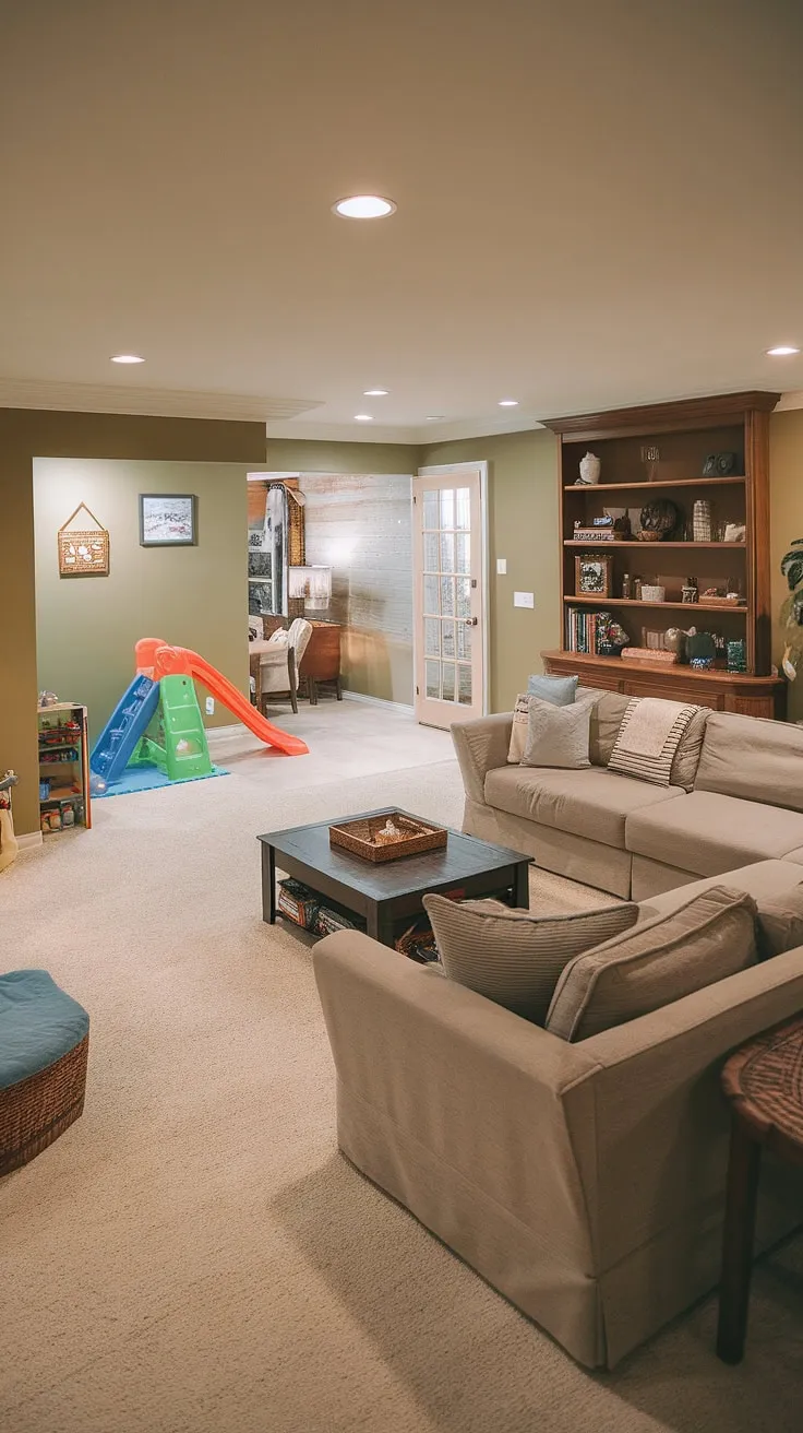 This finished basement transforms unused space into a vibrant family room, complete with a cozy lounge area, dedicated playroom for the kids, and even a media-ready section for movie nights.  It's the ultimate basement living space, a basement recreation room, and basement gathering space all in one—a true basement entertainment area and basement den where memories are made.