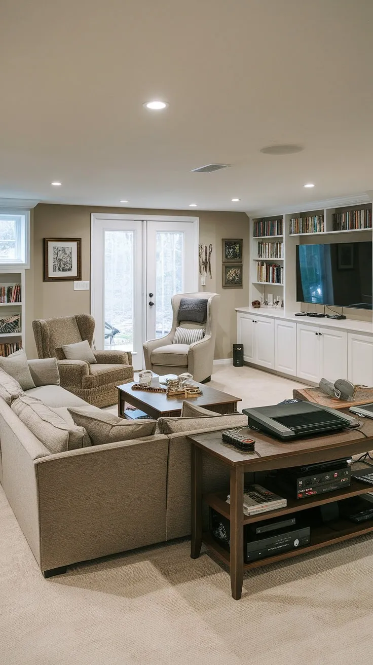 This finished basement transforms a forgotten space into a vibrant family room, a cozy basement lounge perfect for movie nights, and a fun basement playroom for game days.  The dedicated basement entertainment area, complete with gaming console, ensures endless fun, while the built-in bookshelves and comfortable seating create a welcoming basement den ideal for quiet evenings or lively basement gatherings. This basement living space is the heart of the home, a versatile basement recreation room offering something for everyone.