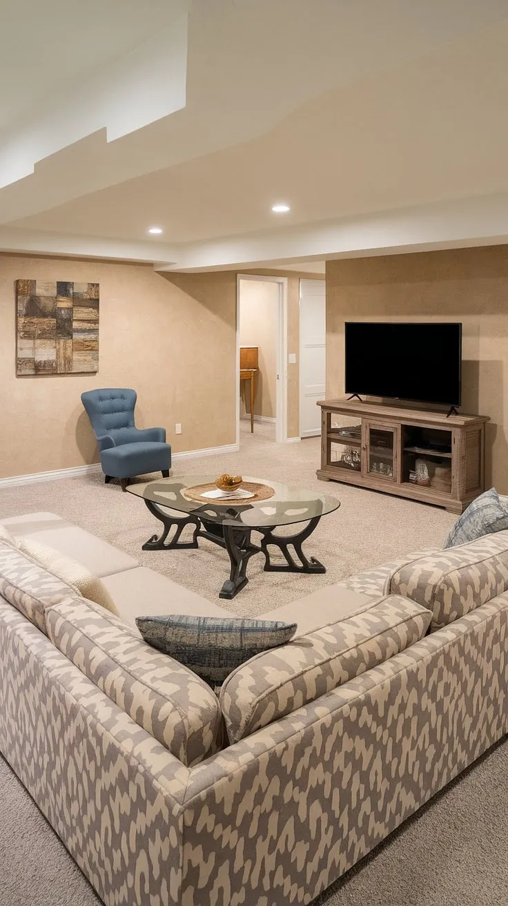 This finished basement transforms a forgotten space into a warm and inviting basement family room, perfect for movie nights, game days, or simply relaxing in this cozy basement living space.  The comfortable seating and stylish decor create a versatile basement recreation room—a true basement entertainment area for the whole family to enjoy.  It's more than just a basement den; it's a cherished basement gathering space, a basement playroom for the kids, and even a functional basement media room all rolled into one.