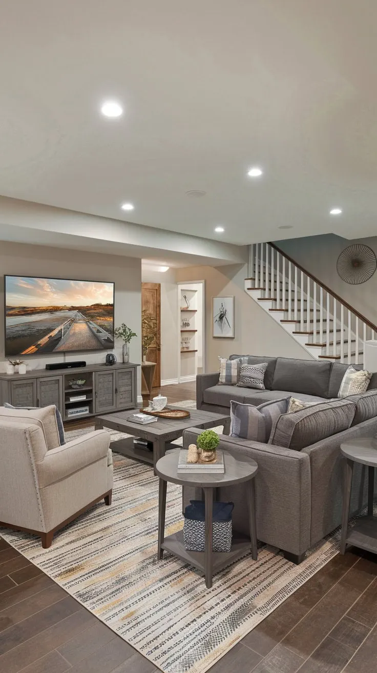 Cozy Basement Family Room with Stylish Entertainment Setup