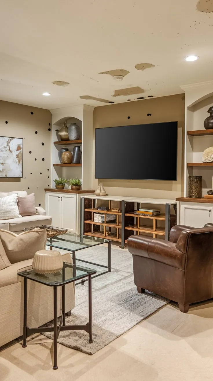 Cozy Basement Family Room with Modern Entertainment Setup