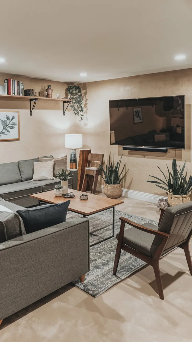 Cozy Basement Family Room with Modern Decor Elements