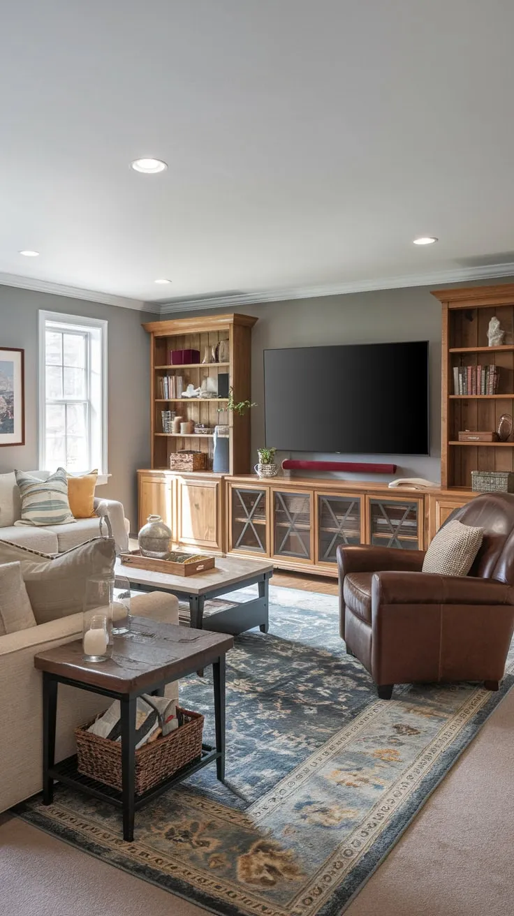 Cozy Basement Family Room with Stylish Entertainment Setup