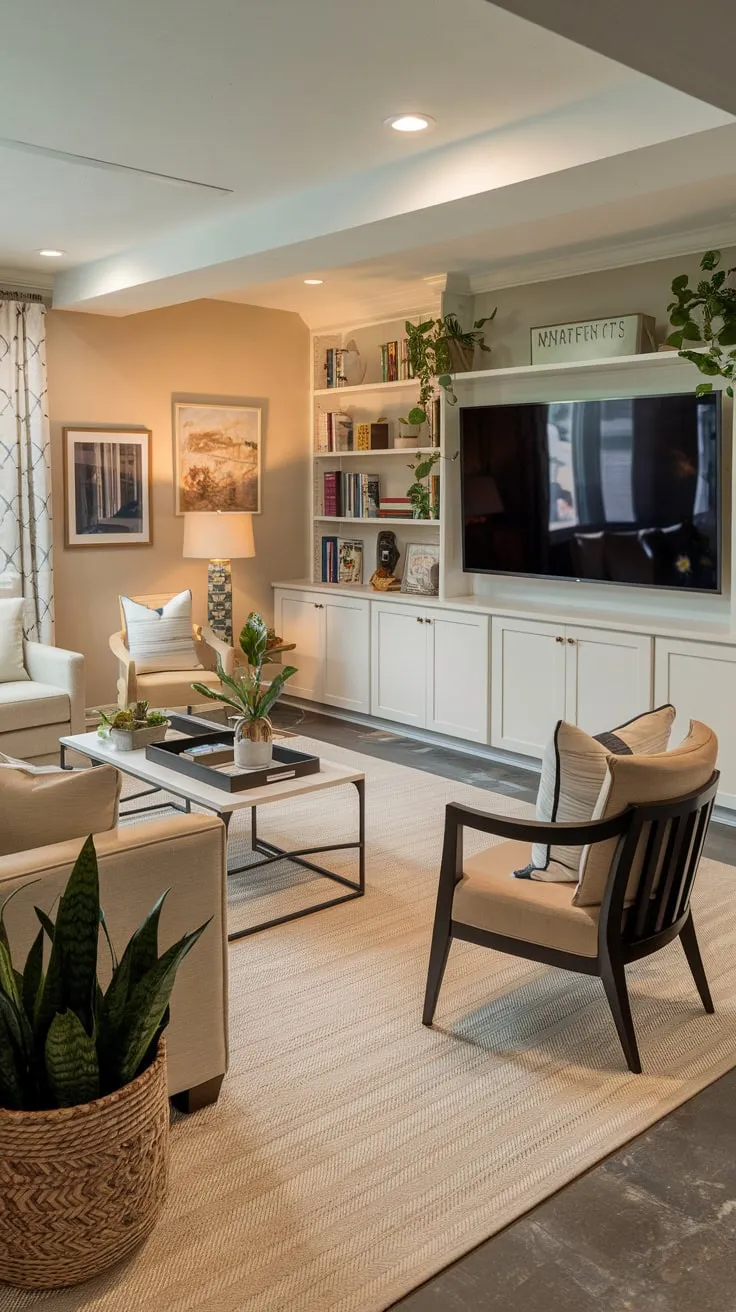 Cozy Basement Family Room with Big TV Setup