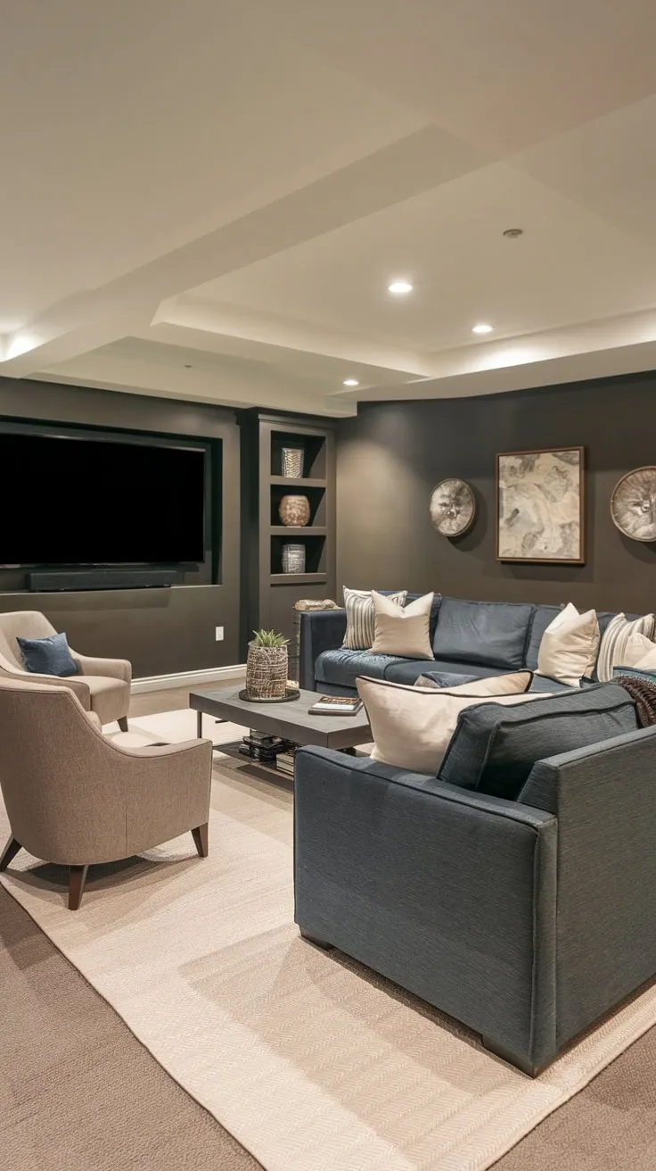 Cozy Basement Family Room with Big TV Comfort