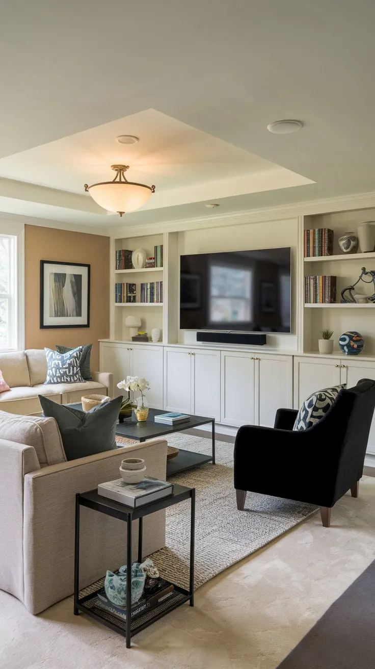 Cozy Basement Family Room with Stylish Entertainment Setup