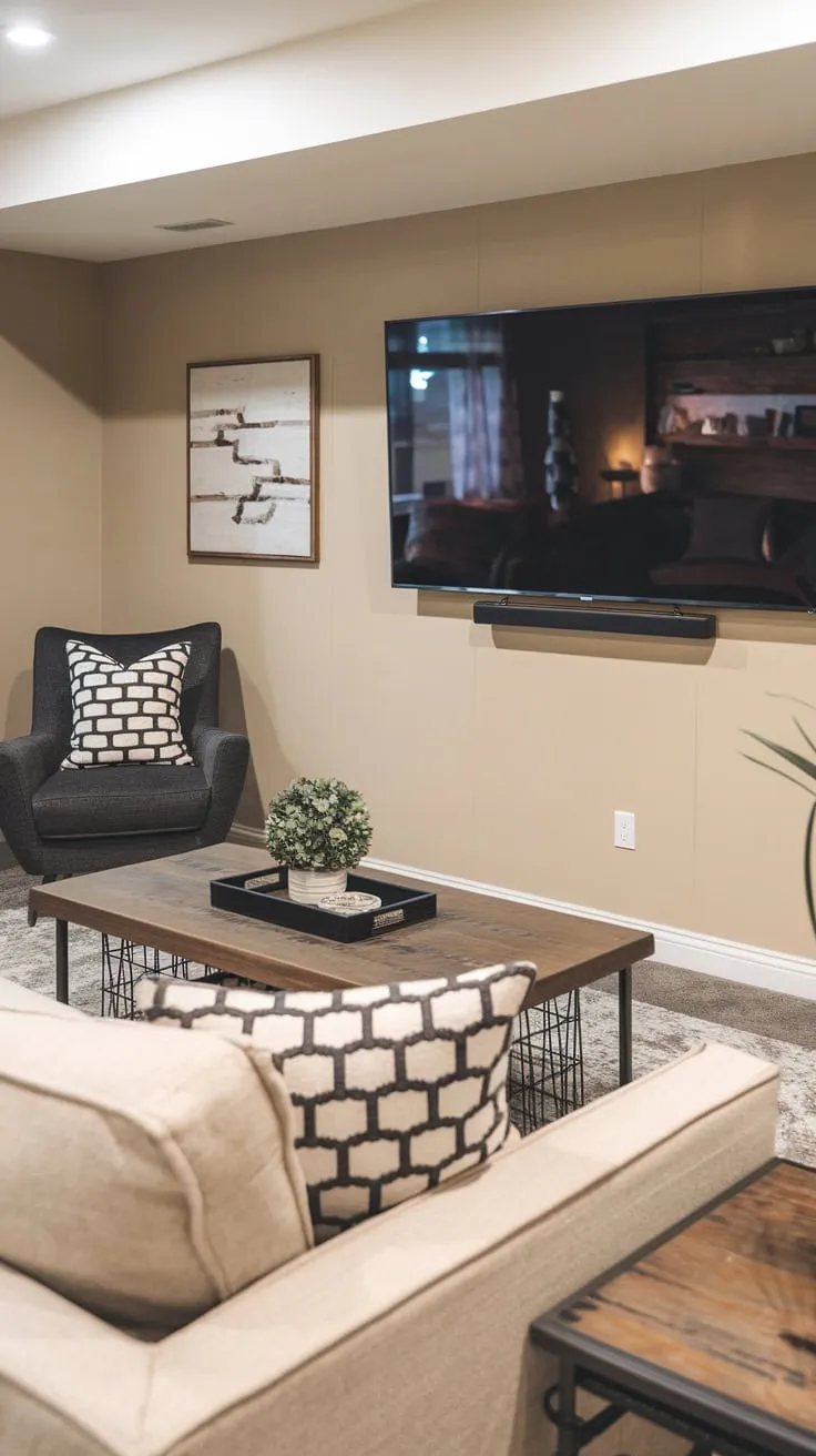 Cozy Basement Family Room with Stylish Decor Elements