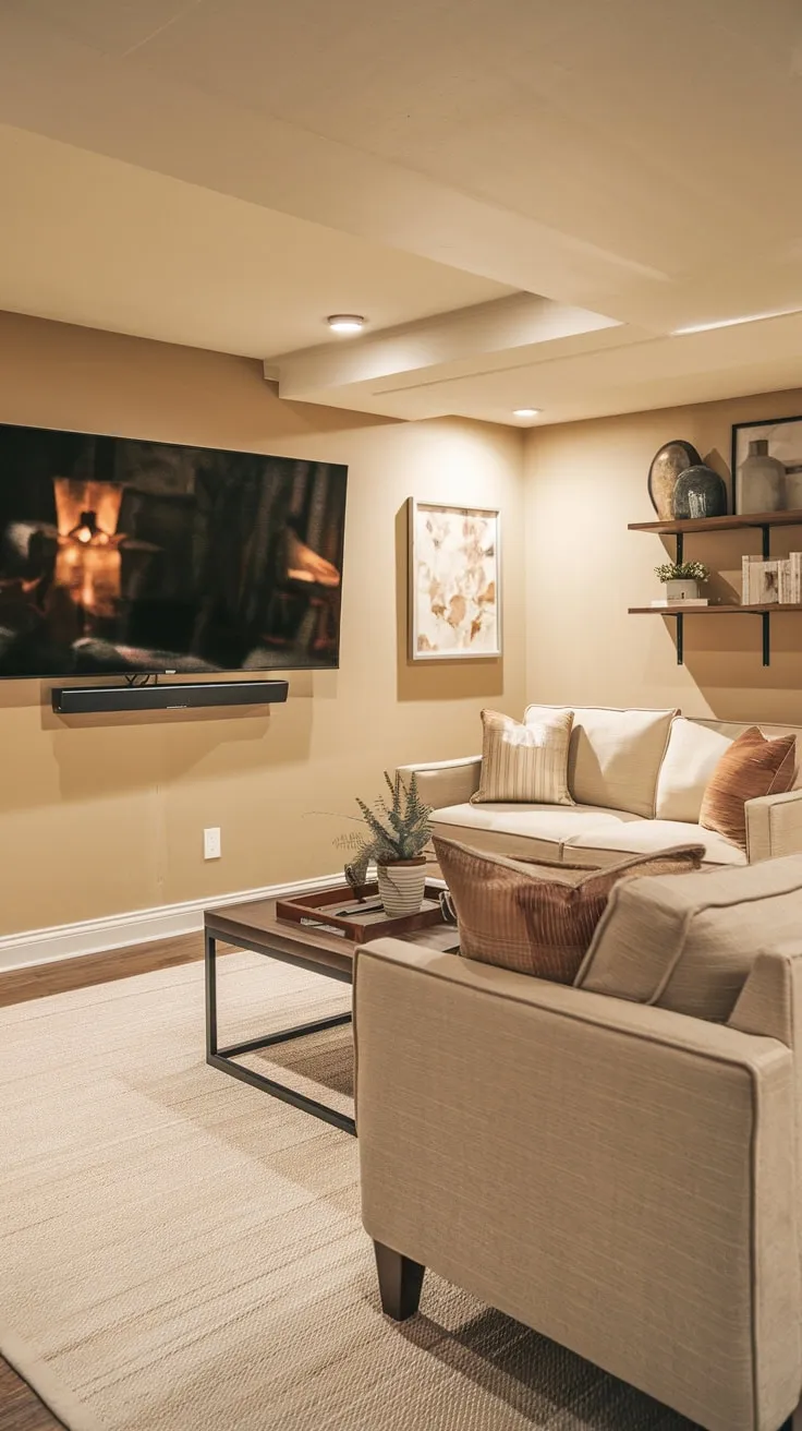 Cozy Basement Family Room with Warm Lighting