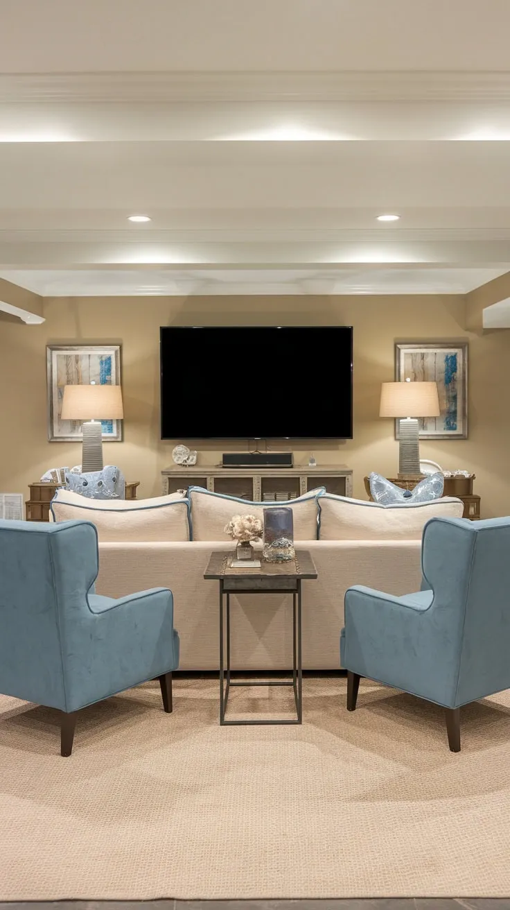 Cozy Basement Family Room with Big TV Setup