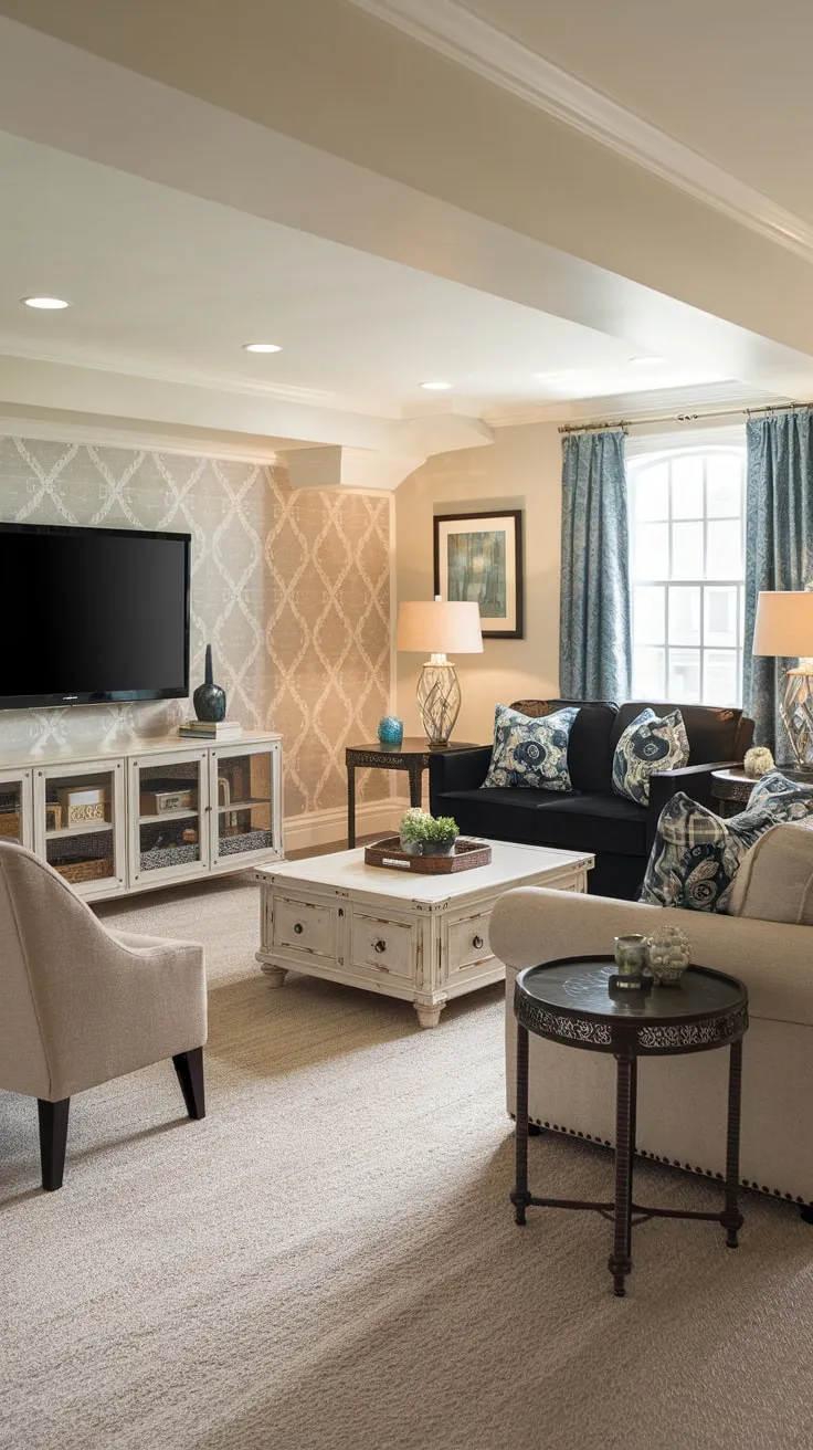 Cozy Basement Family Room with Stylish Design Elements