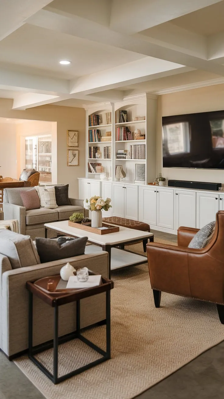 This finished basement transforms a forgotten space into a cozy basement family room, perfect for movie nights, game days, or quiet evenings.  The comfortable seating, including a plush gray sofa and a rich brown leather chair, invites relaxation, while the large flat-screen TV and well-stocked bookcase make it a versatile basement entertainment area, basement media room, and basement gathering space. This basement living space is the heart of the home, a basement recreation room, basement lounge, and even a basement den or basement playroom all rolled into one.