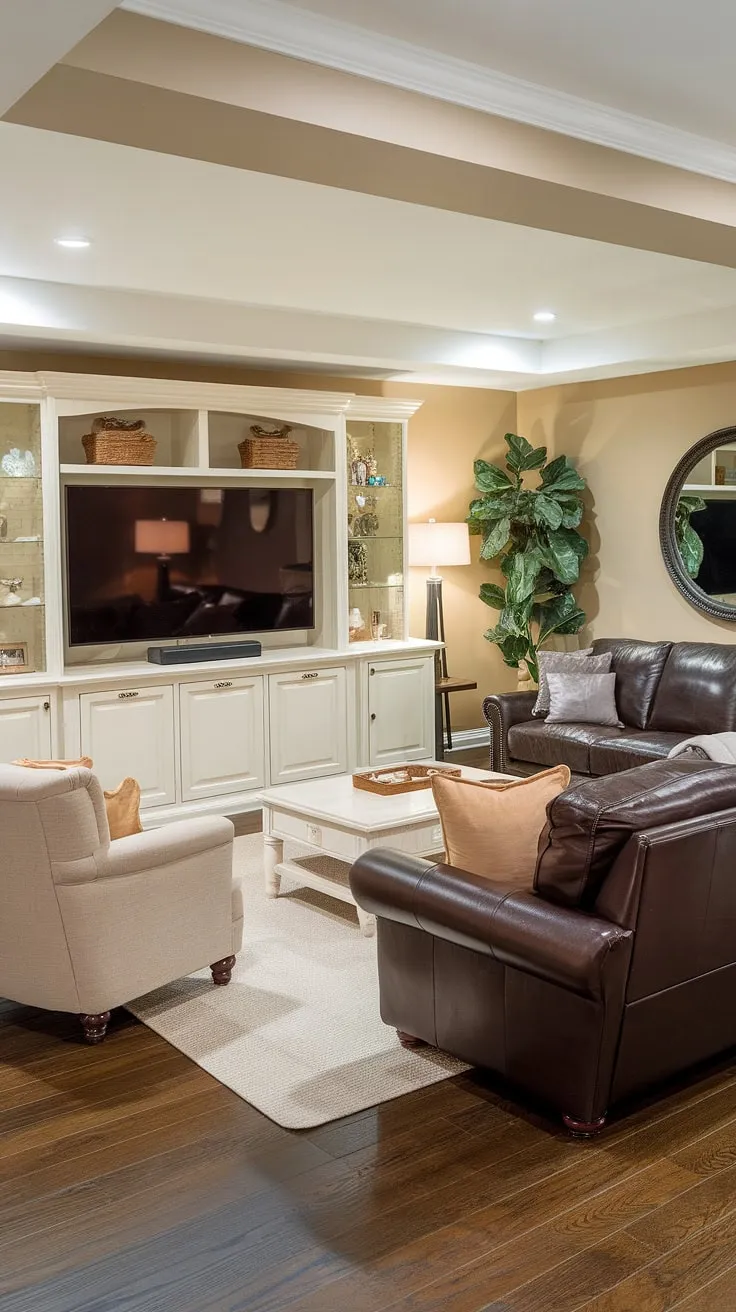 Escape the everyday in this stunning finished basement.  This basement living space boasts a sophisticated design, seamlessly blending comfort and style.  The dedicated basement entertainment area, complete with a large entertainment center, transforms this basement recreation room into a true basement media room.  Whether it's a family movie night or a quiet evening in the basement den, this basement lounge and basement gathering space offers the perfect blend of relaxation and entertainment.  It's more than just a basement; it's a versatile basement playroom for the whole family.