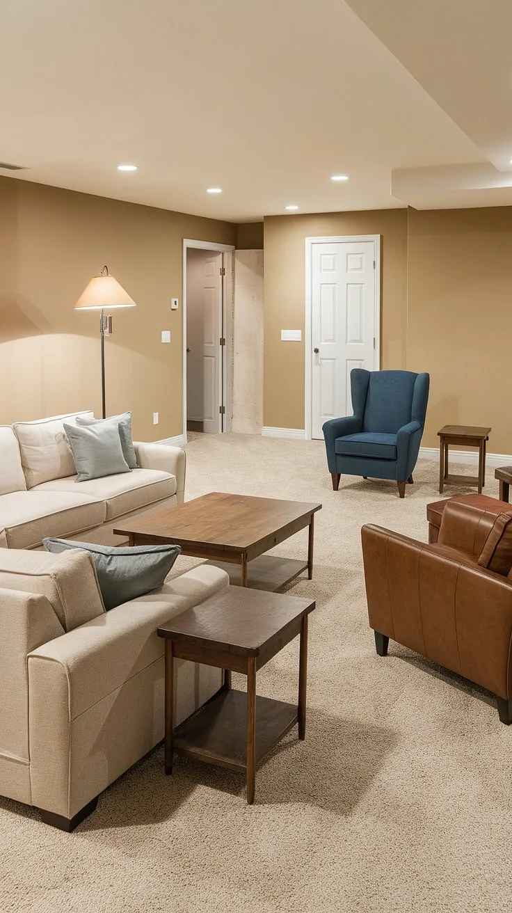 Escape to your own private retreat in this beautifully finished basement.  This basement lounge offers a sophisticated yet comfortable basement gathering space, perfect for everything from family movie marathons in your basement media room to casual get-togethers.  The neutral color palette and ample seating make this basement playroom a versatile addition to your home, easily adaptable for any occasion.  This basement living space is the ultimate definition of a functional and stylish basement entertainment area.