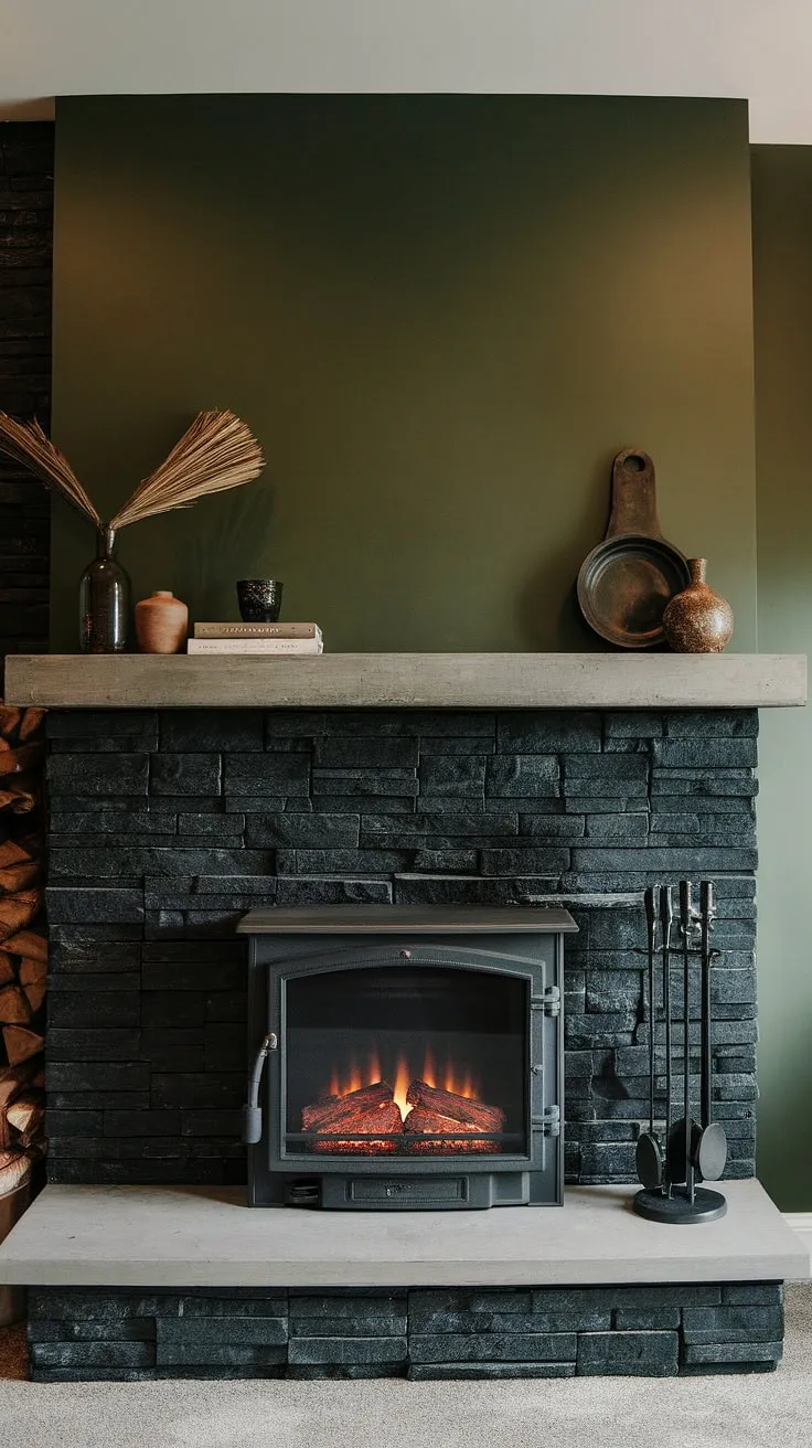Unleash the cozy vibes in this basement living room, featuring a striking black stack stone fireplace—a modern fireplace decor dream. The green wall fireplace and unique concrete mantle fireplace create a truly unique mantle decor.