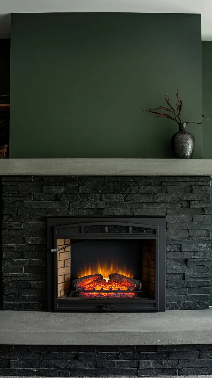 This basement fireplace transforms the space with its modern fireplace decor; the black stack stone fireplace and unique concrete mantle fireplace create a dramatic focal point against the green wall fireplace. A cottage electric fireplace insert adds warmth and style to this dark color fireplace design.