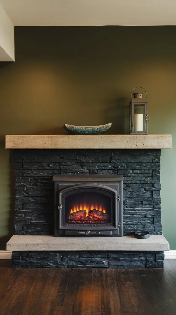 This dark color fireplace, a black brick fireplace marvel, anchors this living room. The green wall fireplace backdrop complements the black stack stone fireplace and concrete mantle fireplace, while unique mantle decor adds a touch of cottage charm to these modern fireplace decor ideas.