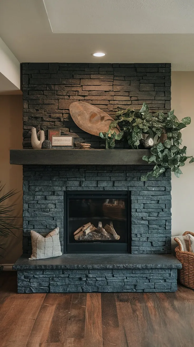 Warmth and style converge in this basement living room, featuring a striking black stack stone fireplace—a modern fireplace decor dream. The dark color fireplace's concrete mantle is adorned with unique mantle decor, including a vibrant green plant, adding a touch of nature to this living room fireplace ideas masterpiece. The cottage electric fireplace's black brick fireplace aesthetic is perfectly complemented by the beige walls and wood flooring.