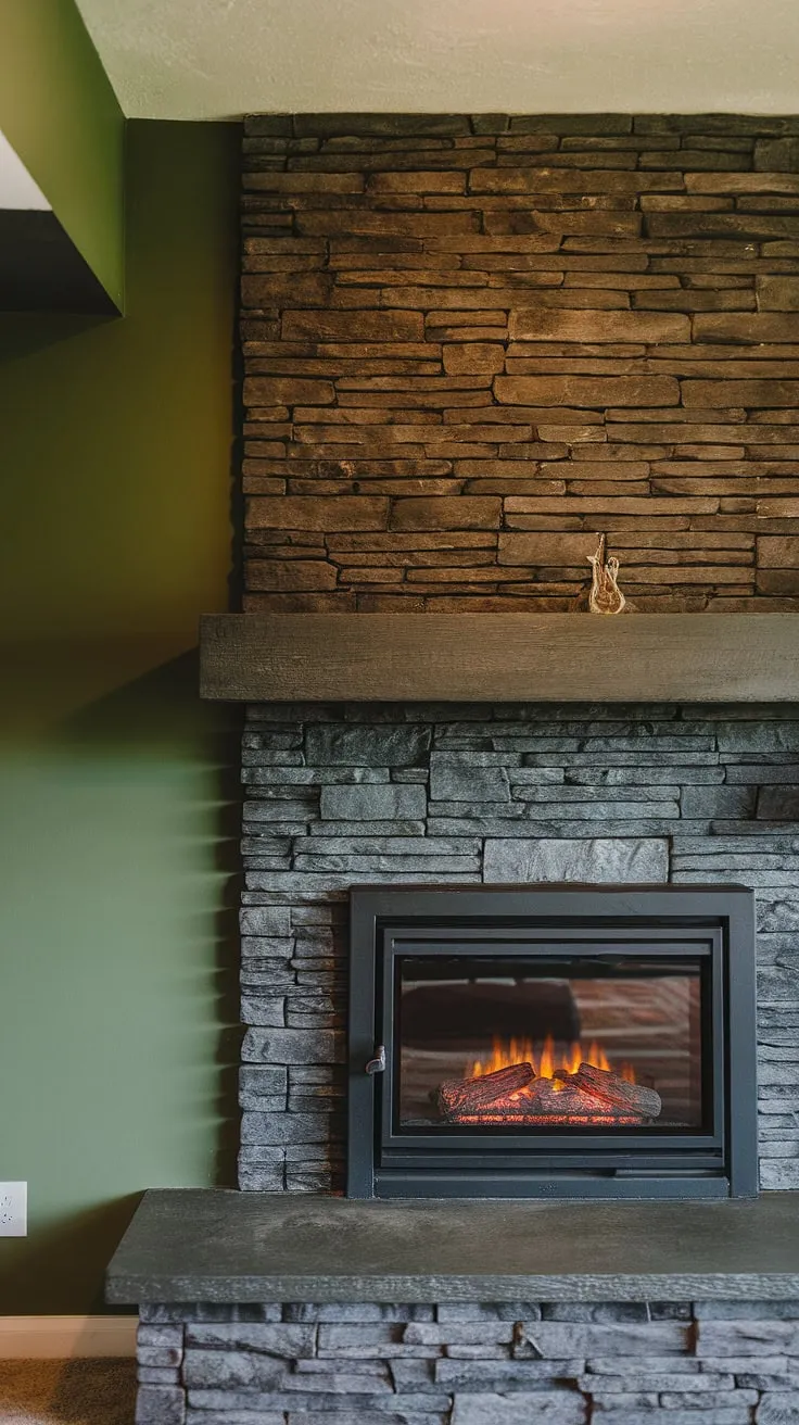 Transform your basement into a haven with this inspiring living room fireplace ideas. The dark color fireplace, a black brick fireplace crafted from black stack stone, anchors the space with its modern fireplace decor. The concrete mantle fireplace adds a touch of industrial chic, while the green wall fireplace and cottage electric fireplace create a surprisingly cozy atmosphere. This unique mantle decor and black stack stone fireplace are a testament to the power of thoughtful design.