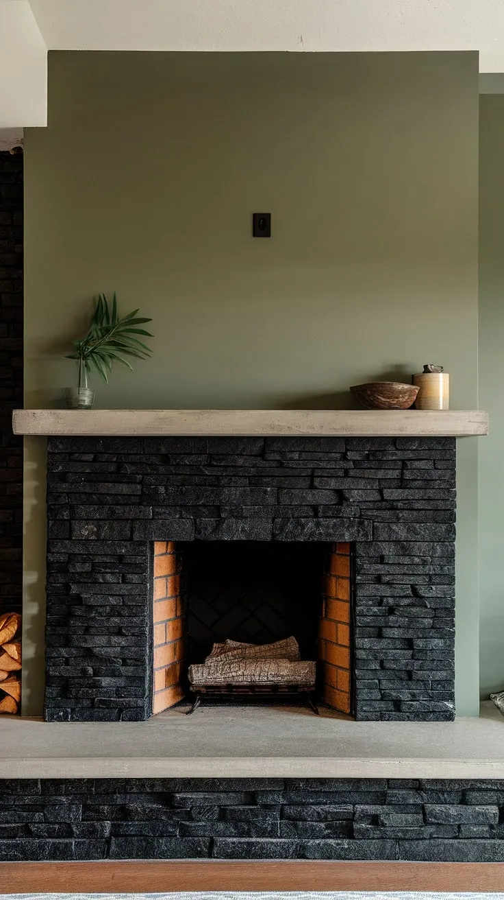 This basement fireplace redefines cozy. A black brick fireplace with a dark color interior, accented by a green wall and unique mantle decor, offers the perfect blend of modern fireplace decor and cottage charm. Living room fireplace ideas don't get much better than this cottage electric fireplace.