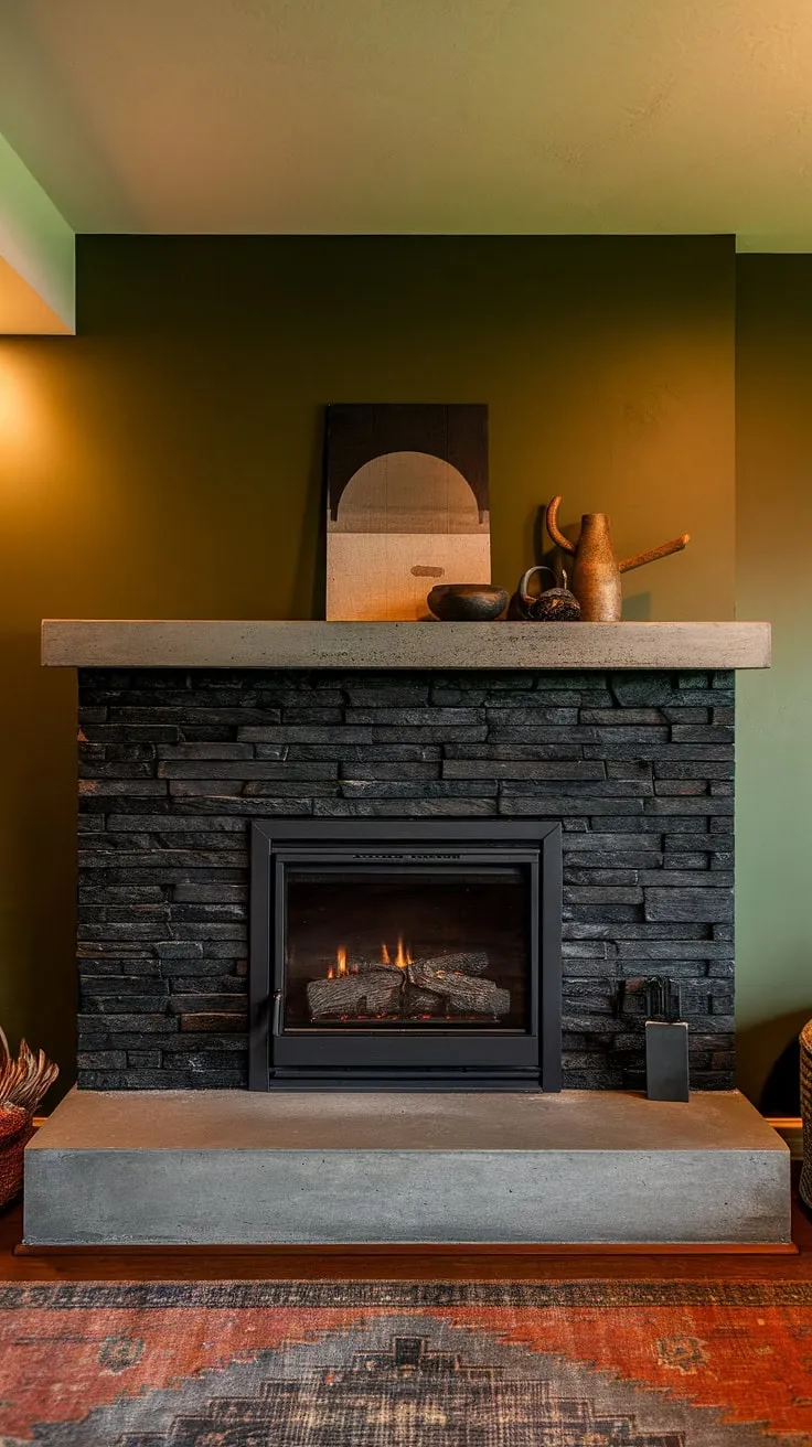 Warmth and style meet in this basement fireplace, featuring a modern fireplace decor with a black stack stone fireplace and concrete mantle. The green wall and unique mantle decor complete this living room fireplace idea.