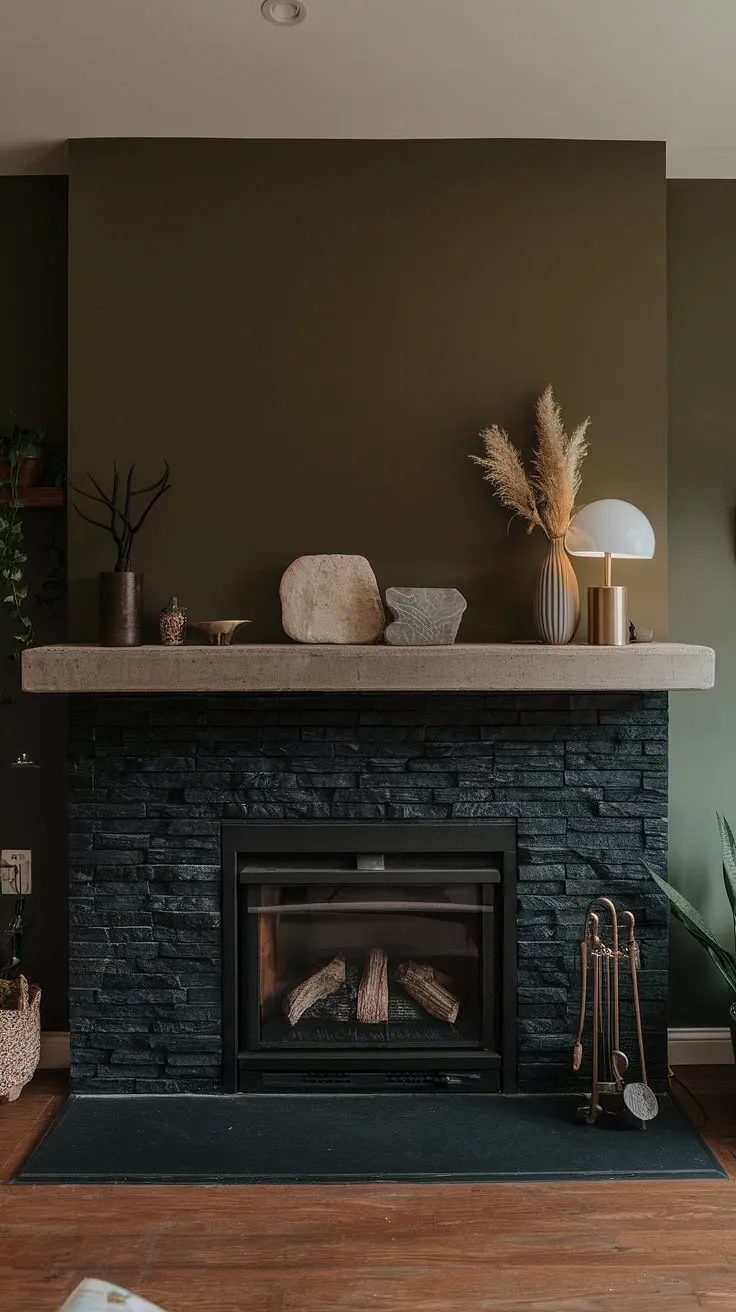 A dark color fireplace, this black brick fireplace with a green wall backdrop offers living room fireplace ideas for a cozy cottage feel. The concrete mantle fireplace showcases unique mantle decor, making it a statement piece.