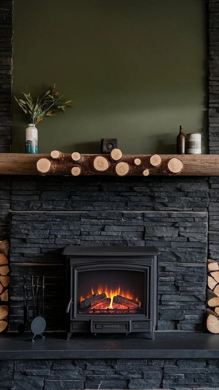 A stunning example of modern fireplace decor, this living room boasts a black stack stone fireplace as its focal point. The dark color fireplace is set against a vibrant green wall, creating a captivating backdrop. The unique mantle decor, featuring artfully arranged wooden logs, adds a touch of rustic charm. This basement fireplace is cleverly designed with a concrete mantle fireplace and a convenient cottage electric fireplace, offering both aesthetic appeal and practical functionality. This space showcases inspiring living room fireplace ideas, proving that a black brick fireplace can be both modern and cozy.