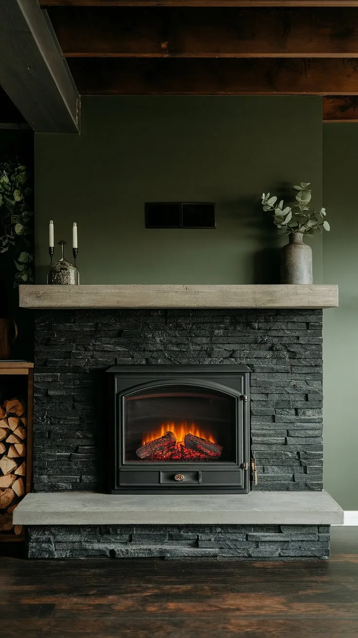 Cozy basement living transformed with a modern fireplace; black stack stone meets concrete mantle for unique mantle decor. Living room fireplace ideas elevated by a green wall and dark color fireplace.