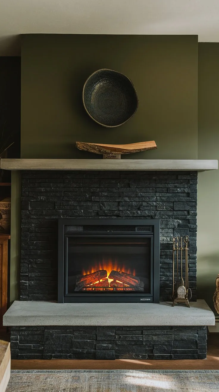 This modern basement boasts a stunning dark color fireplace, a black stack stone fireplace with a concrete mantle fireplace, creating a dramatic focal point against the green wall fireplace. The cottage electric fireplace adds warmth and ambiance, complemented by unique mantle decor featuring a ceramic bowl and wooden log. This living room fireplace ideas showcases a sophisticated blend of textures and styles, perfect for cozy evenings.
