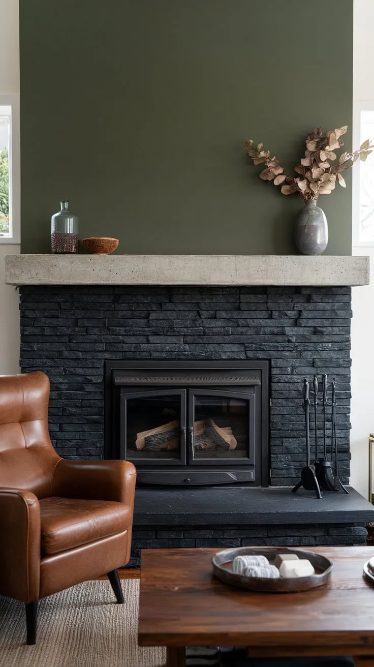 A green wall provides a vibrant backdrop to this black stack stone fireplace, a show-stopping feature in this modern living room. The concrete mantle fireplace offers unique mantle decor possibilities, while the dark color fireplace adds a touch of sophistication. This basement fireplace exemplifies living room fireplace ideas, blending cottage style with modern design. The black brick fireplace's striking aesthetic is perfectly complemented by the brown leather chair and wooden coffee table.