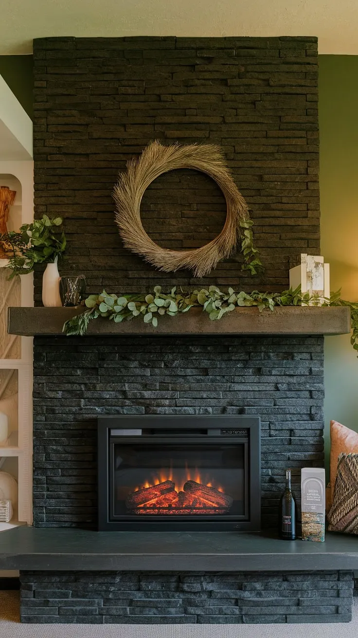 This cozy basement living room boasts a stunning modern fireplace design. The black stack stone fireplace, a striking black brick fireplace, features a unique mantle decor with lush greenery and carefully chosen accessories. The green wall fireplace provides a vibrant backdrop, complementing the dark color concrete mantle fireplace and the warm glow of the cottage electric fireplace. This space offers inspiring living room fireplace ideas, showcasing a perfect blend of modern and rustic aesthetics.