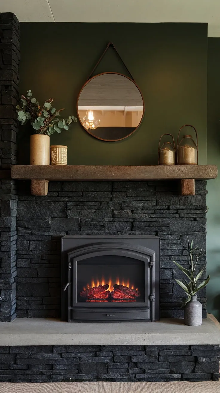 This cozy basement living room boasts a striking dark color fireplace, a modern fireplace decor statement featuring black stack stone and a unique mantle decor against a vibrant green wall. The black brick fireplace's design is perfectly complemented by the concrete mantle fireplace, offering a rustic yet refined aesthetic. This space showcases inspiring living room fireplace ideas, blending the warmth of a cottage electric fireplace with the sophisticated look of a black stack stone fireplace.
